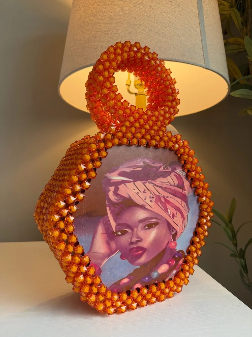Handcrafted Orange Beaded Decorative Accent with Portrait Insert